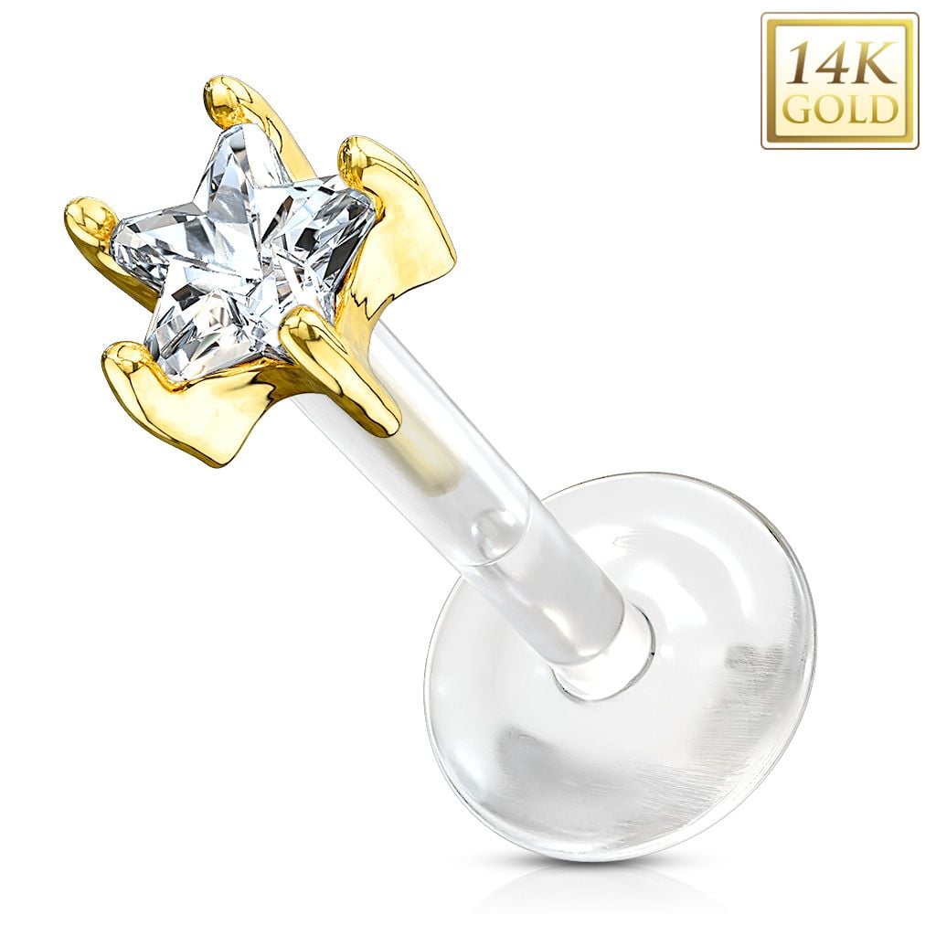 14K Gold Star CZ Labret with Flexible Shaft