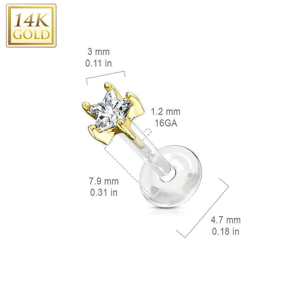 14K Gold Star CZ Labret with Flexible Shaft