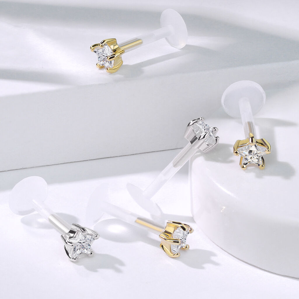14K Gold Star CZ Labret with Flexible Shaft