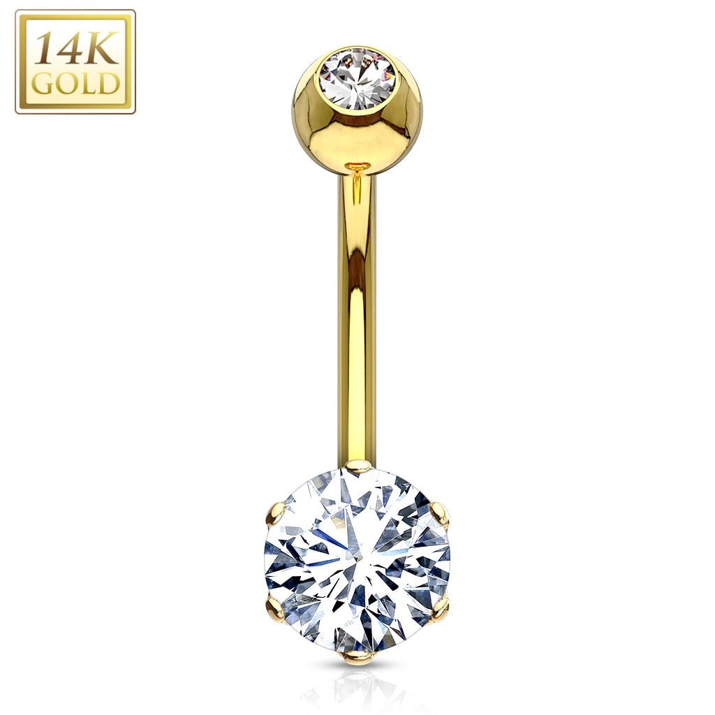 14K Gold 6mm Prong-Set Round CZ Belly Ring