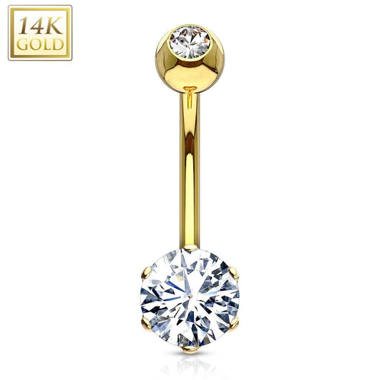 14K Gold 6mm Prong-Set Round CZ Belly Ring