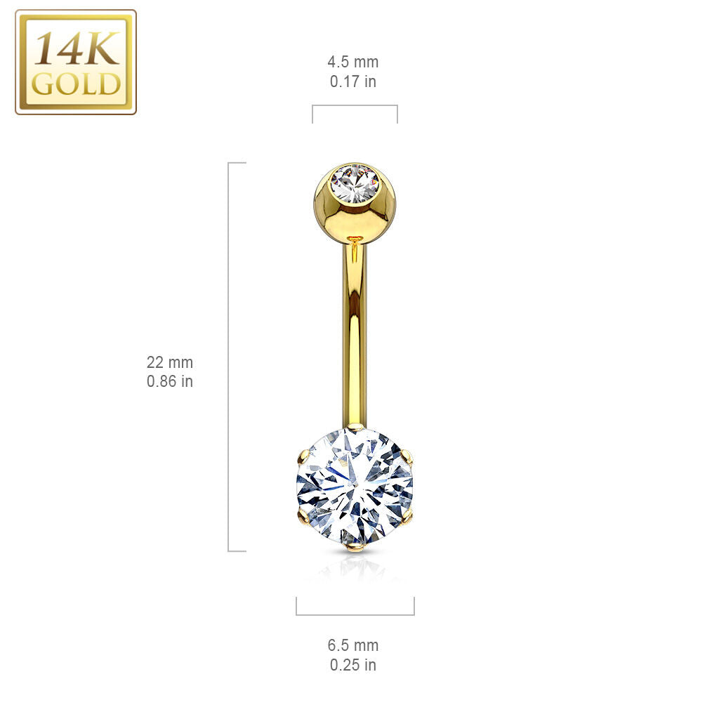 14K Gold 6mm Prong-Set Round CZ Belly Ring