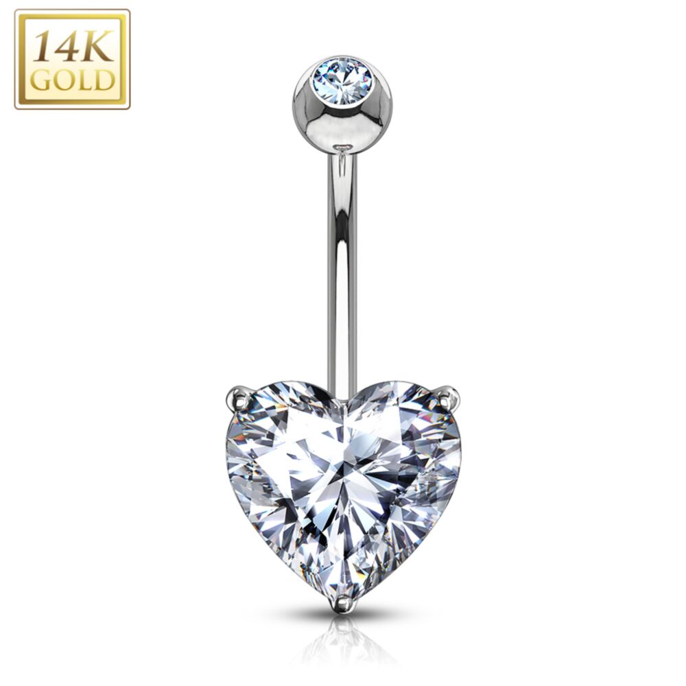 14K Gold Heart Prong Set Navel Belly Button Ring