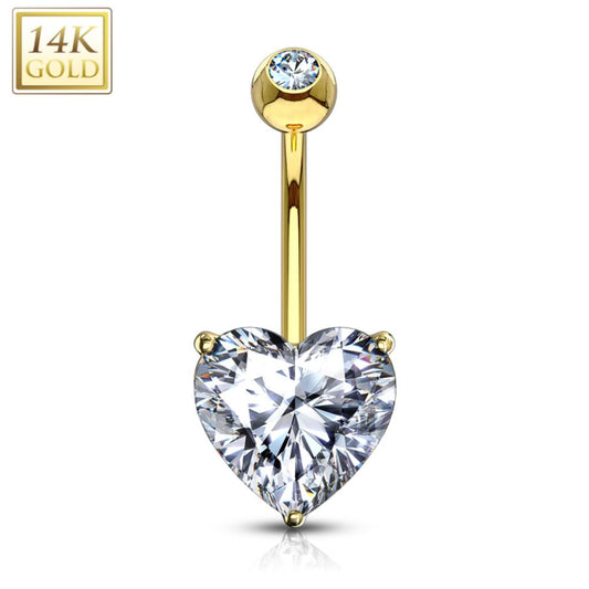 14K Gold Heart Prong Set Navel Belly Button Ring