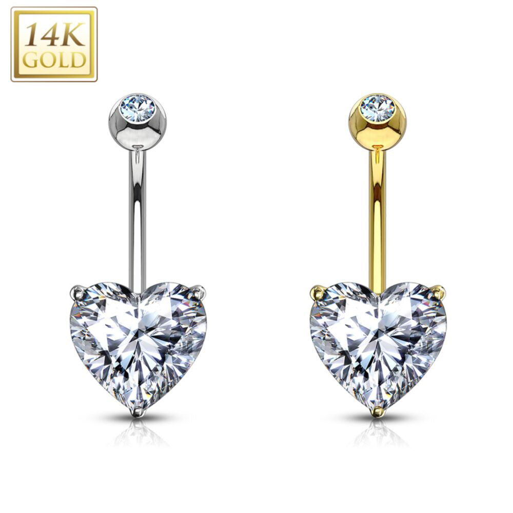 14K Gold Heart Prong Set Navel Belly Button Ring