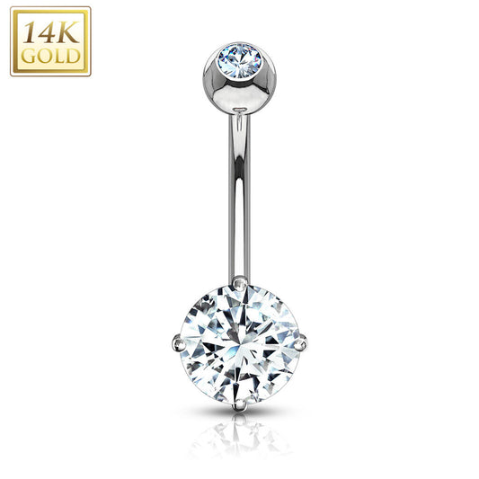 14K Gold Round CZ Prong-Set Belly Ring