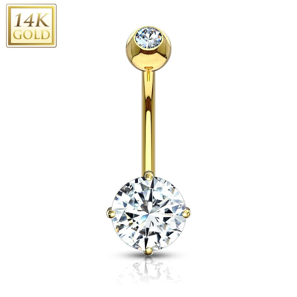 14K Gold Round CZ Prong-Set Belly Ring