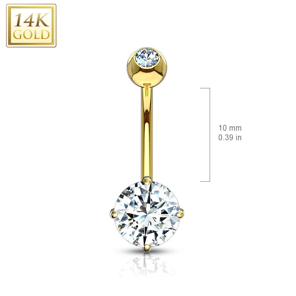 14K Gold Round CZ Prong-Set Belly Ring