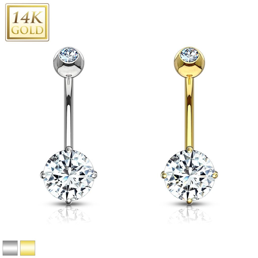 14K Gold Round CZ Prong-Set Belly Ring