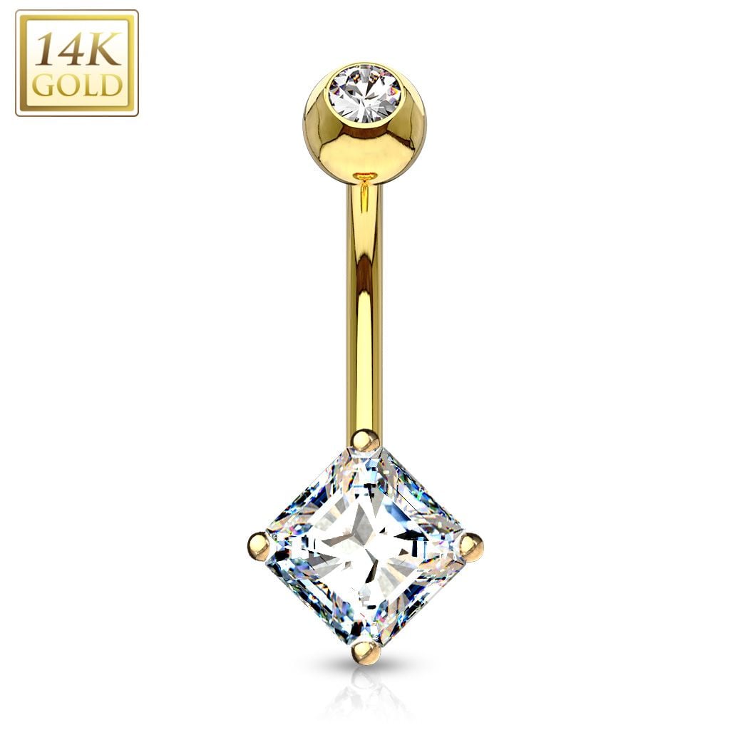 14K Gold Princess Cut Square CZ Navel Ring