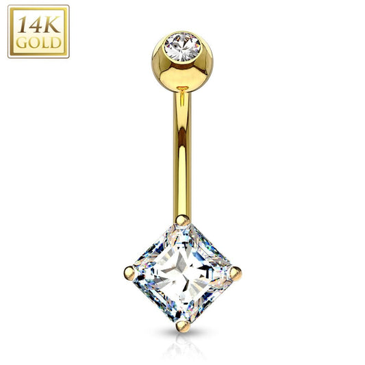 14K Gold Princess Cut Square CZ Navel Ring