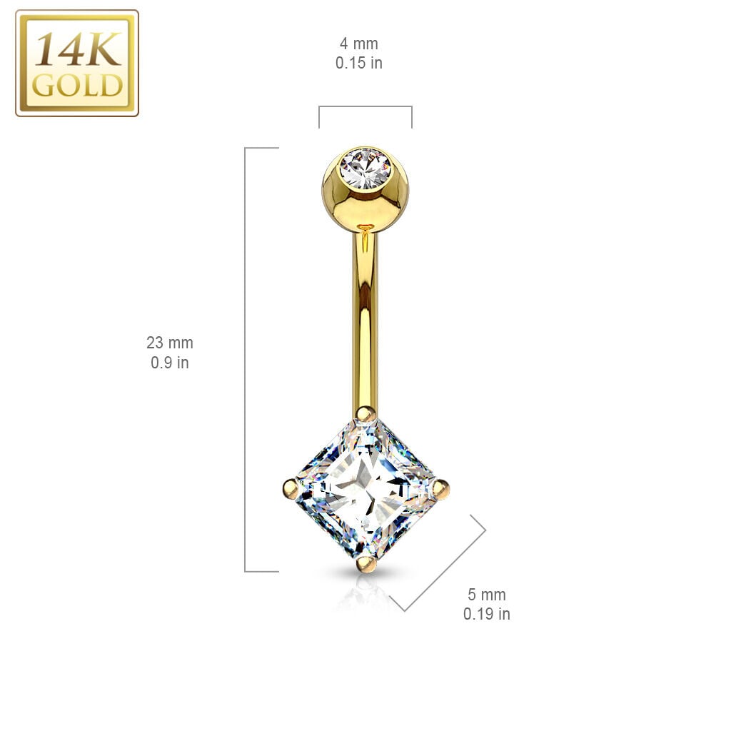 14K Gold Princess Cut Square CZ Navel Ring