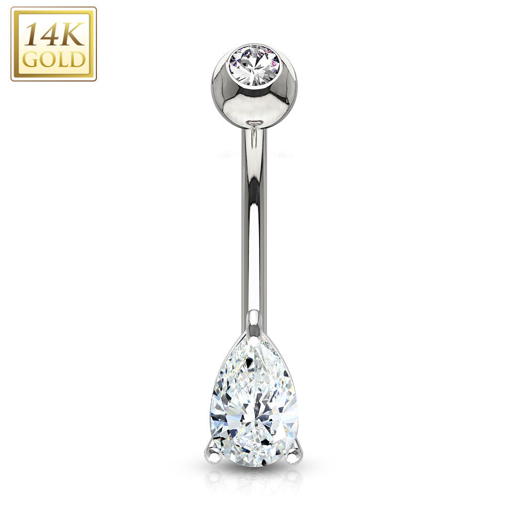 14K Gold Teardrop CZ Prong-Set Belly Ring