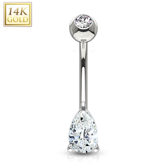 14K Gold Teardrop CZ Prong-Set Belly Ring