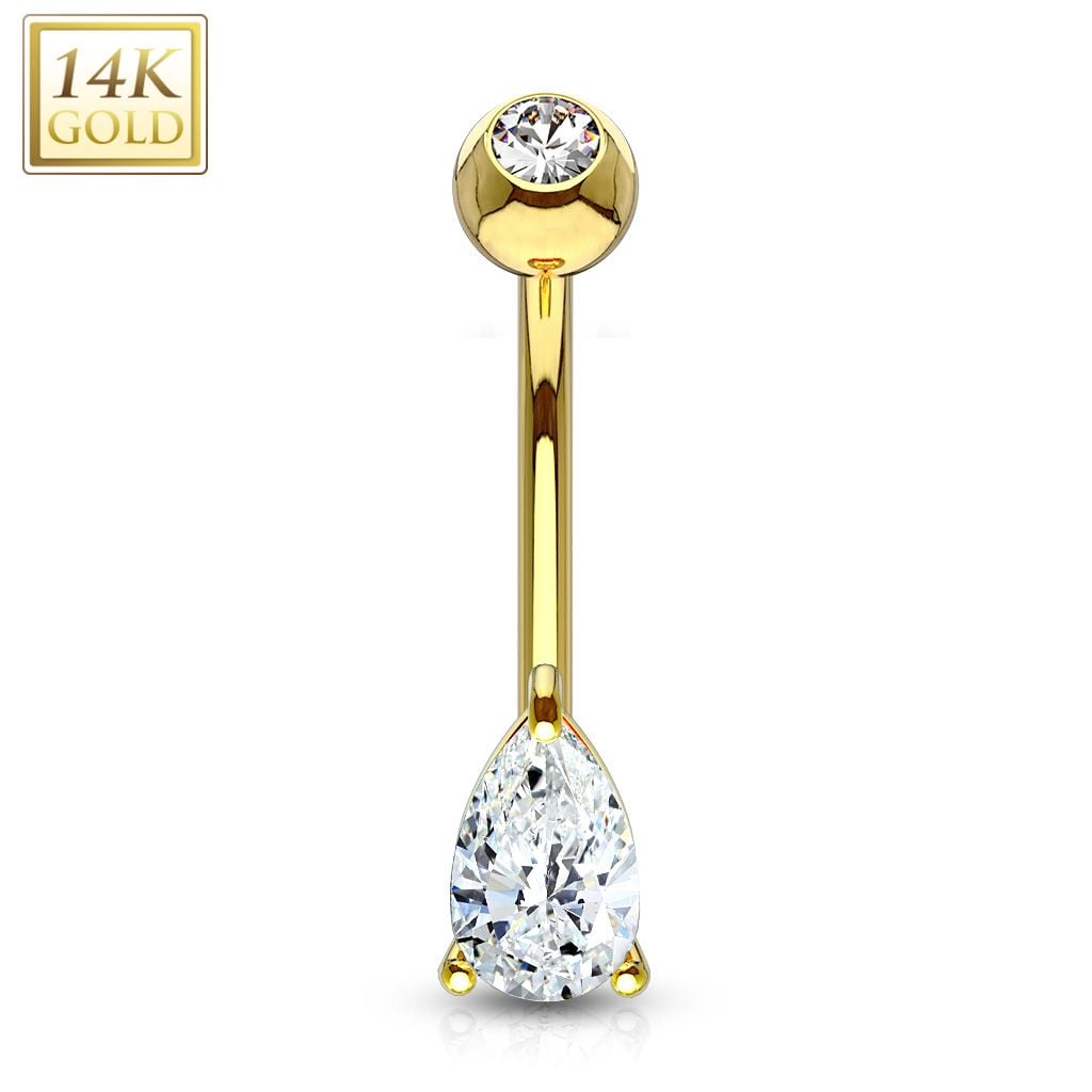 14K Gold Teardrop CZ Prong-Set Belly Ring