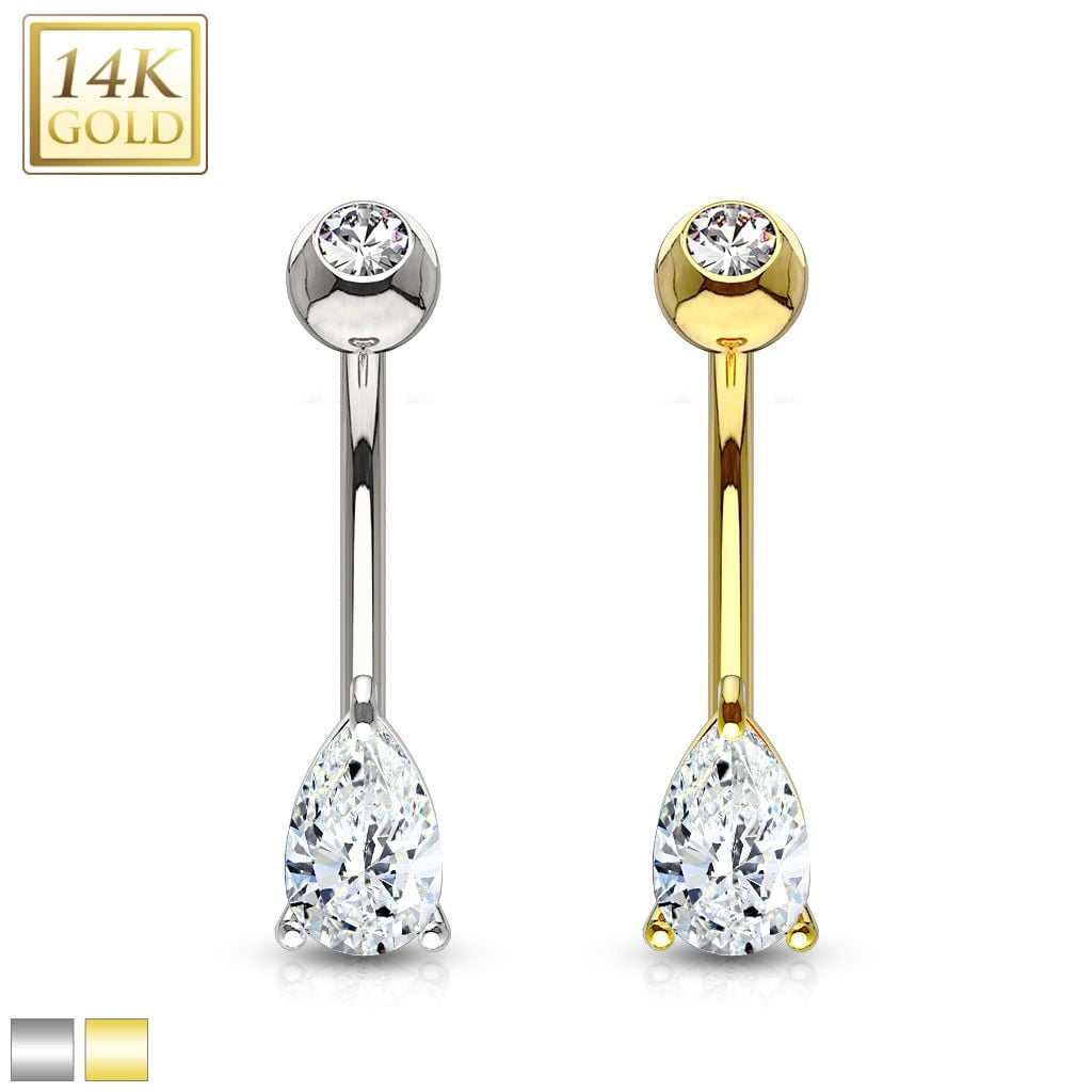 14K Gold Teardrop CZ Prong-Set Belly Ring