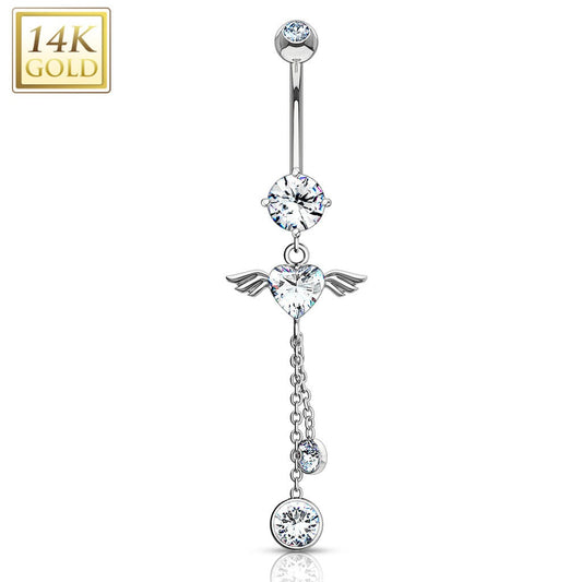 14K Gold Angel Wing Heart CZ Dangle Navel Ring