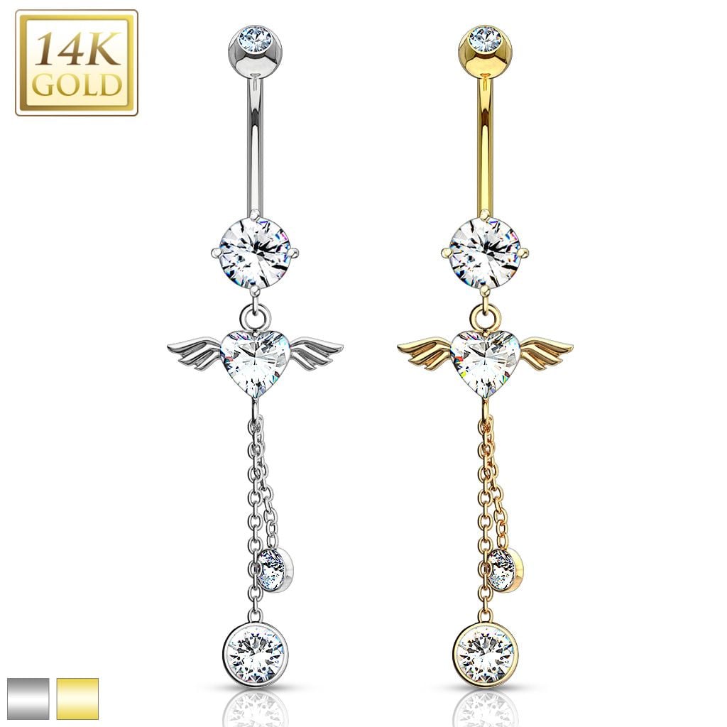 14K Gold Angel Wing Heart CZ Dangle Navel Ring
