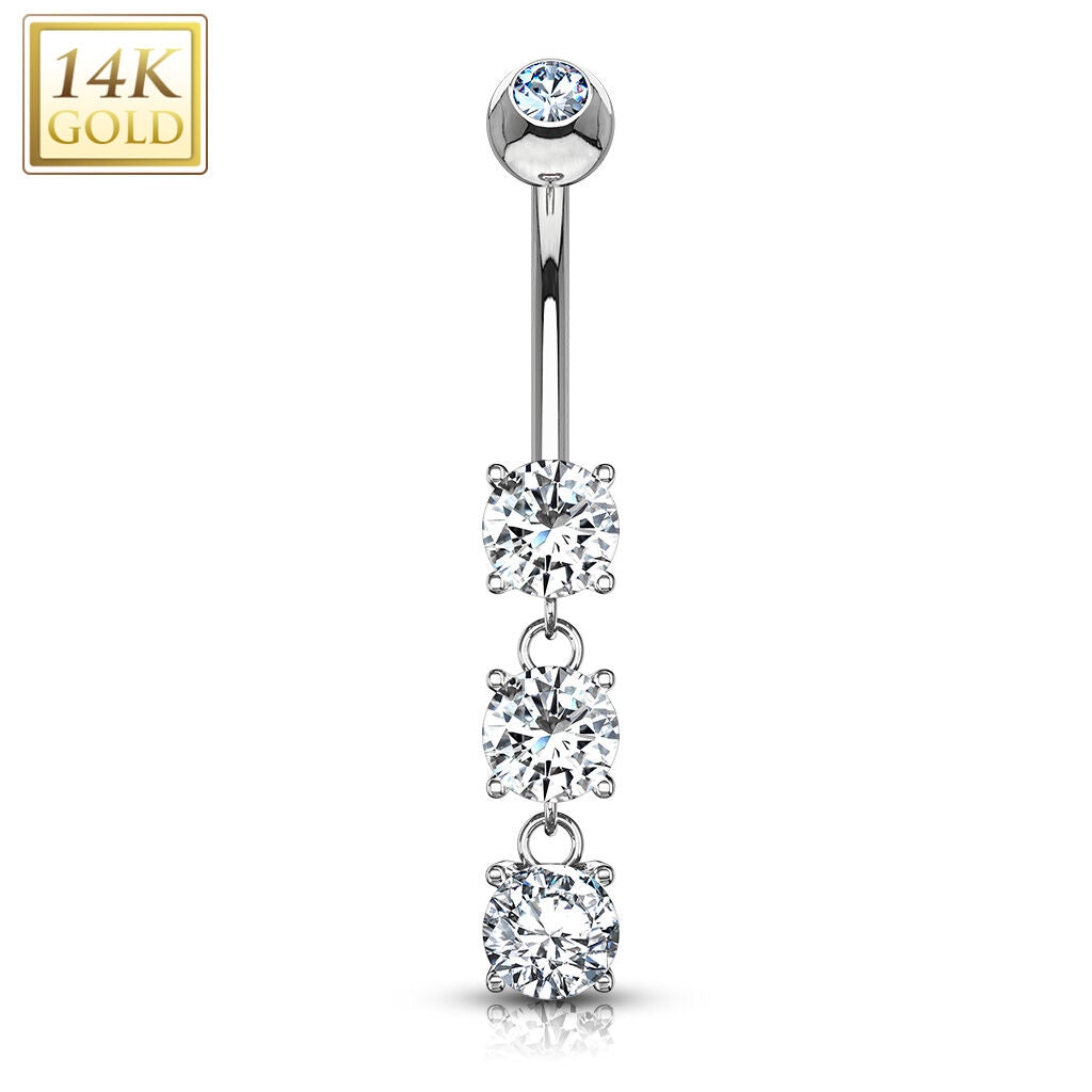 14K Gold Triple CZ Dangle Navel Ring