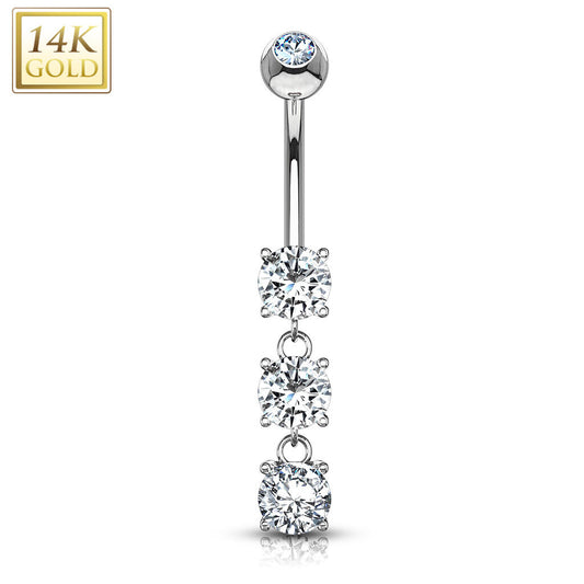 14K Gold Triple CZ Dangle Navel Ring