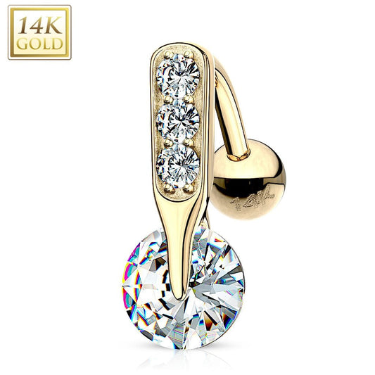 14K Gold Top Down CZ Bar Prong Navel Ring