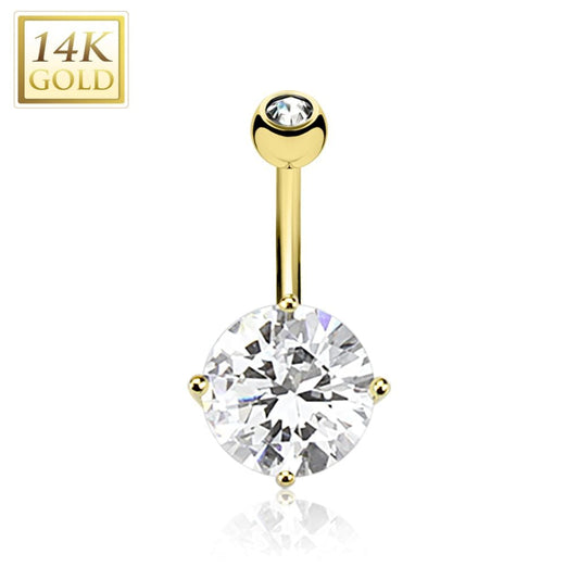 14K Gold Round Prong-Set CZ Belly Ring