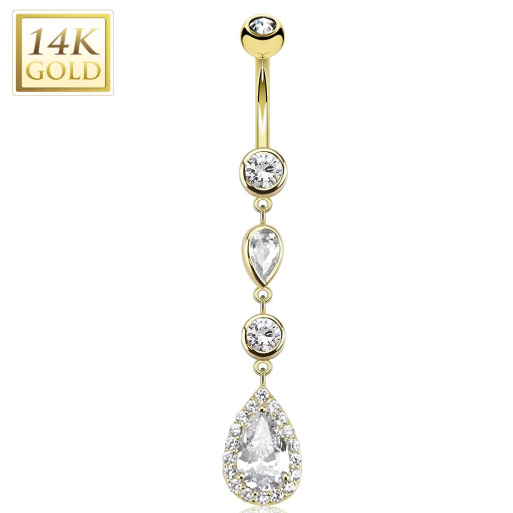 14K Gold Cascading Teardrop CZ Dangle Belly Ring