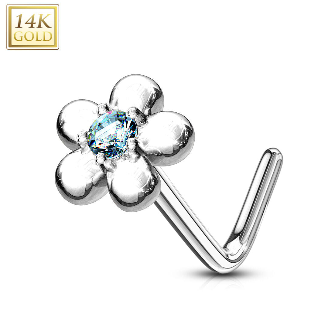14K Gold Five-Petal Flower L-Bend Nose Ring