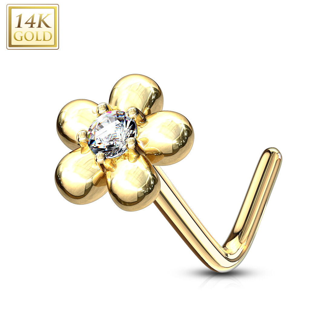 14K Gold Five-Petal Flower L-Bend Nose Ring