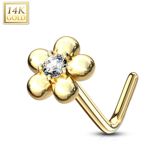 14K Gold Five-Petal Flower L-Bend Nose Ring