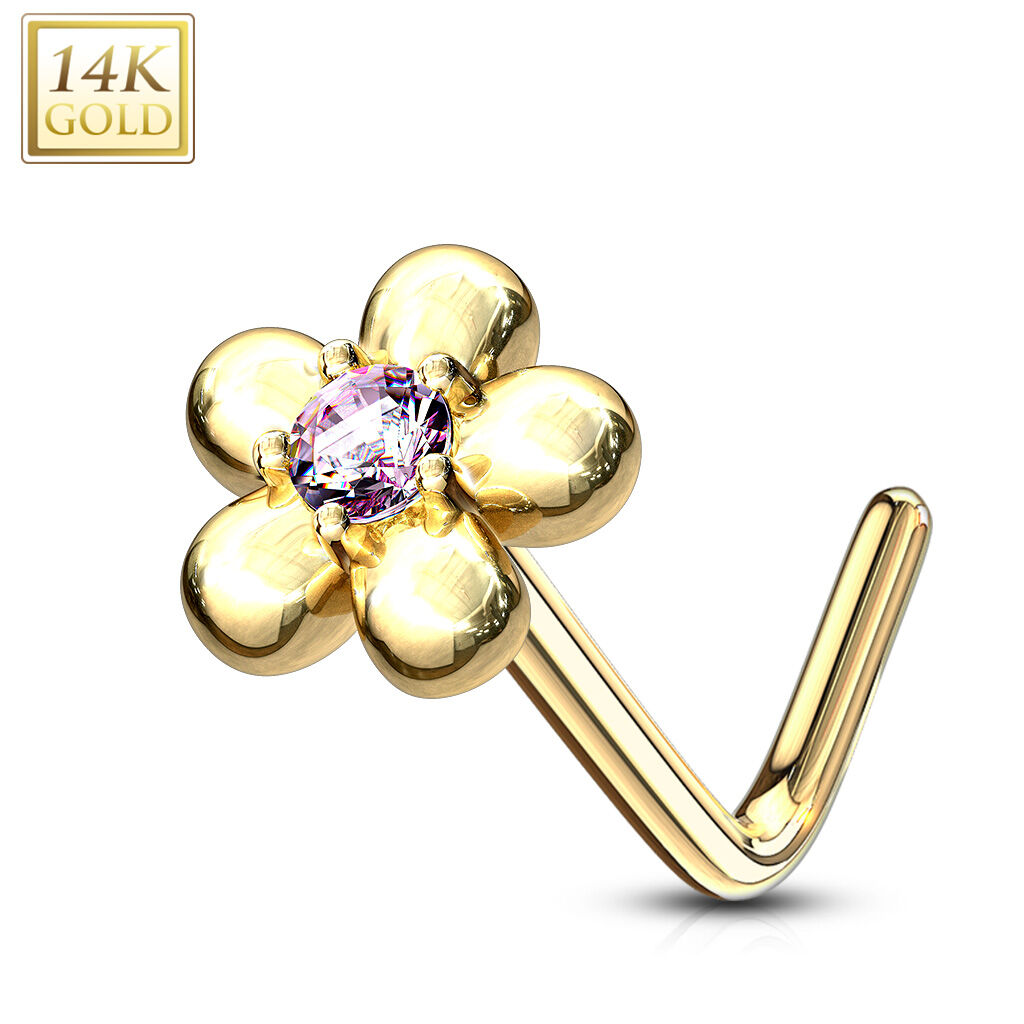 14K Gold Five-Petal Flower L-Bend Nose Ring