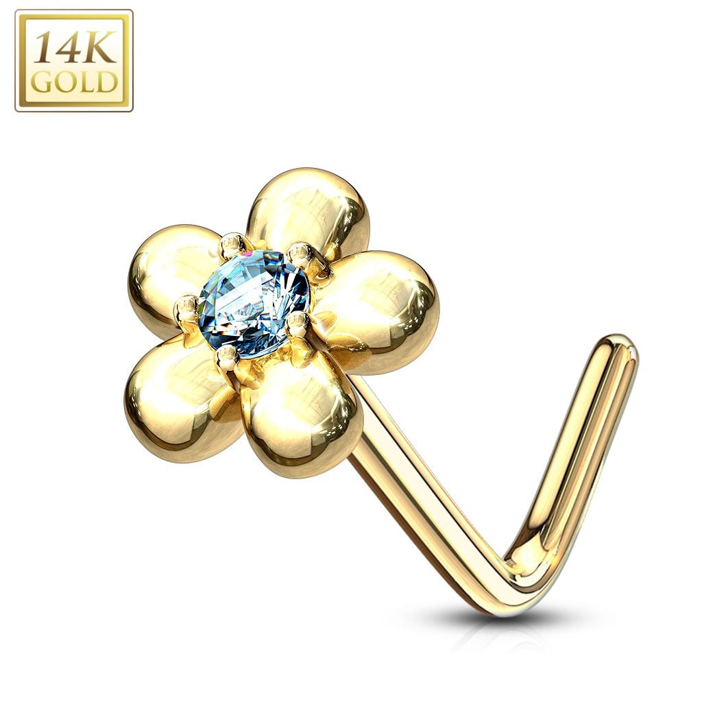 14K Gold Five-Petal Flower L-Bend Nose Ring