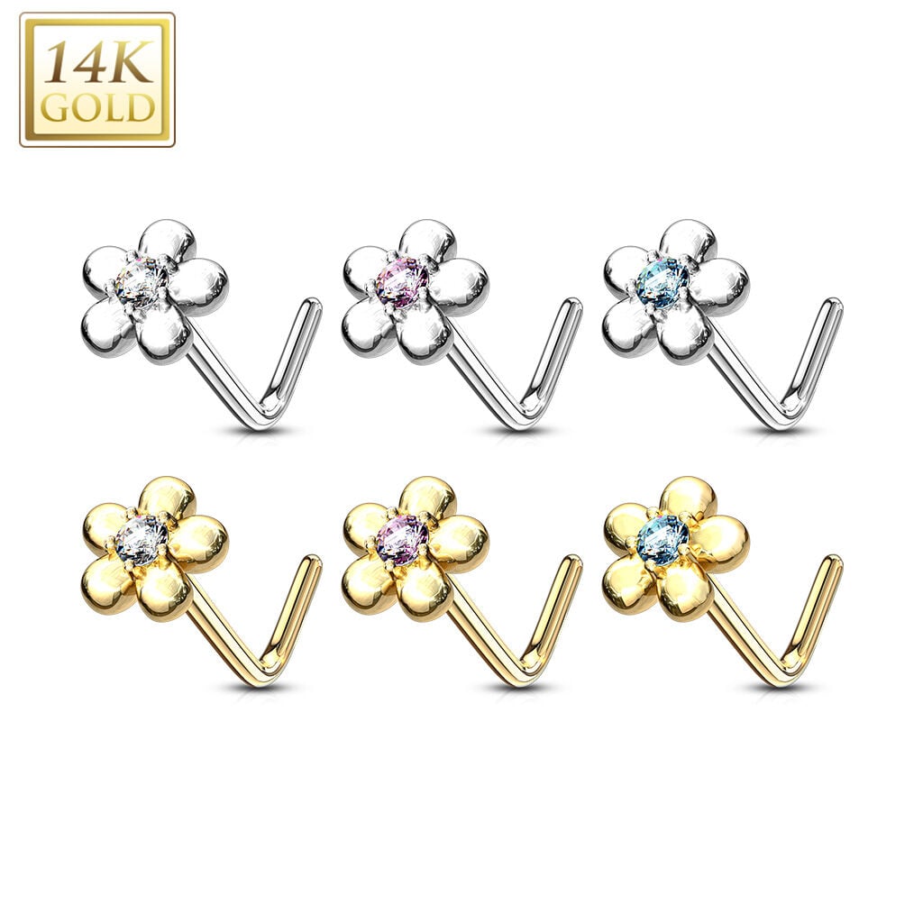 14K Gold Five-Petal Flower L-Bend Nose Ring