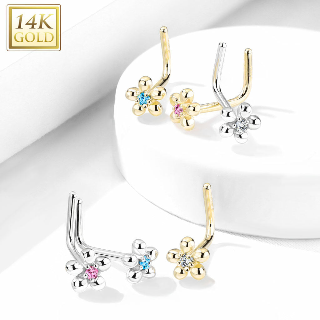 14K Gold Five-Petal Flower L-Bend Nose Ring