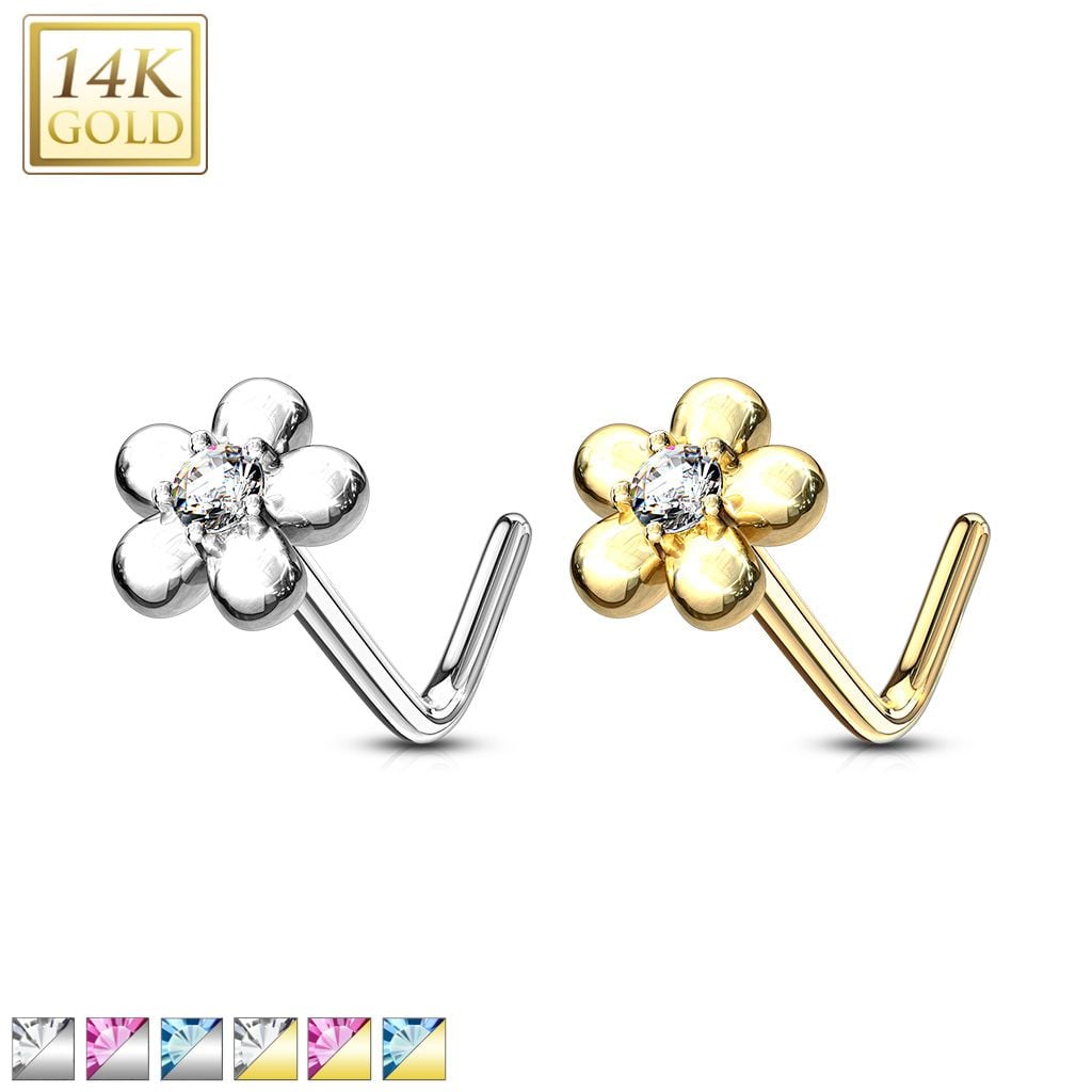 14K Gold Five-Petal Flower L-Bend Nose Ring