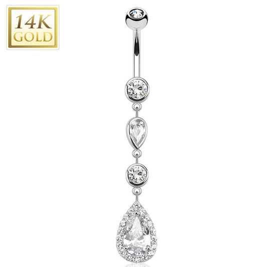 14K Gold Cascading Teardrop CZ Dangle Belly Ring