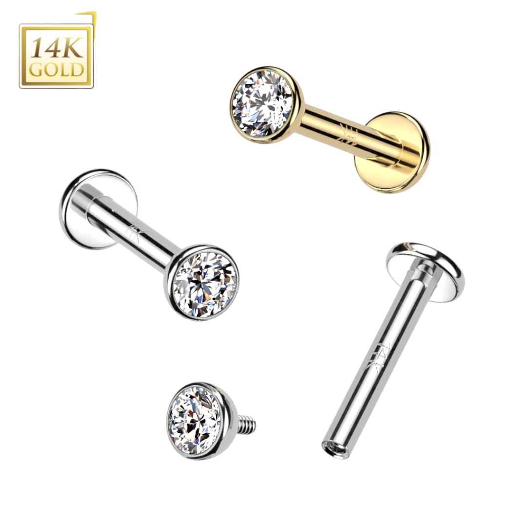 14k Gold Bezeled Gem Threaded Labret