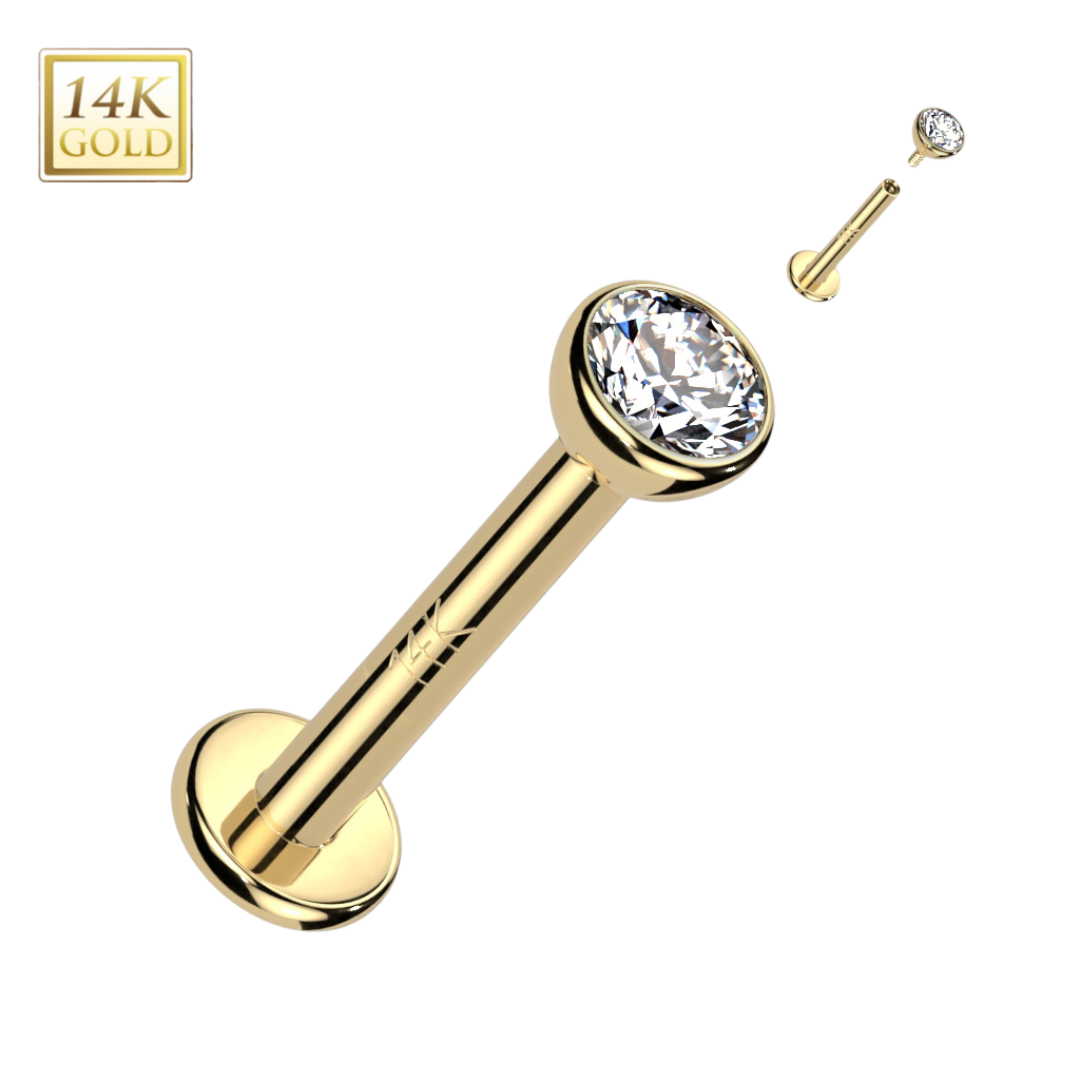 14k Gold Bezeled Gem Threaded Labret
