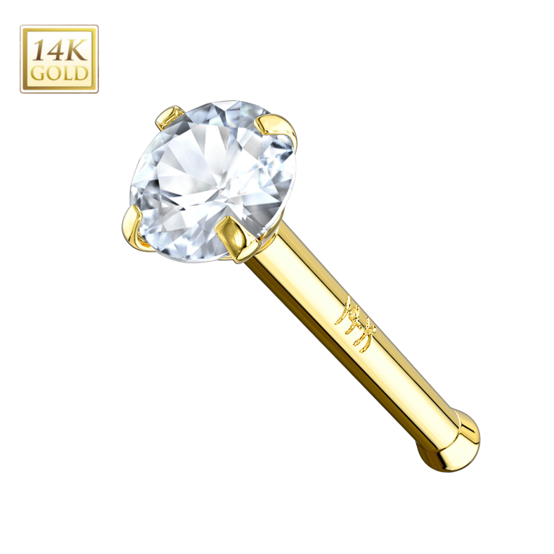 14k Gold Pronged Round Gem Nose Stud