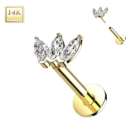 14k Gold Triple Marquis Gem Threadless Labret