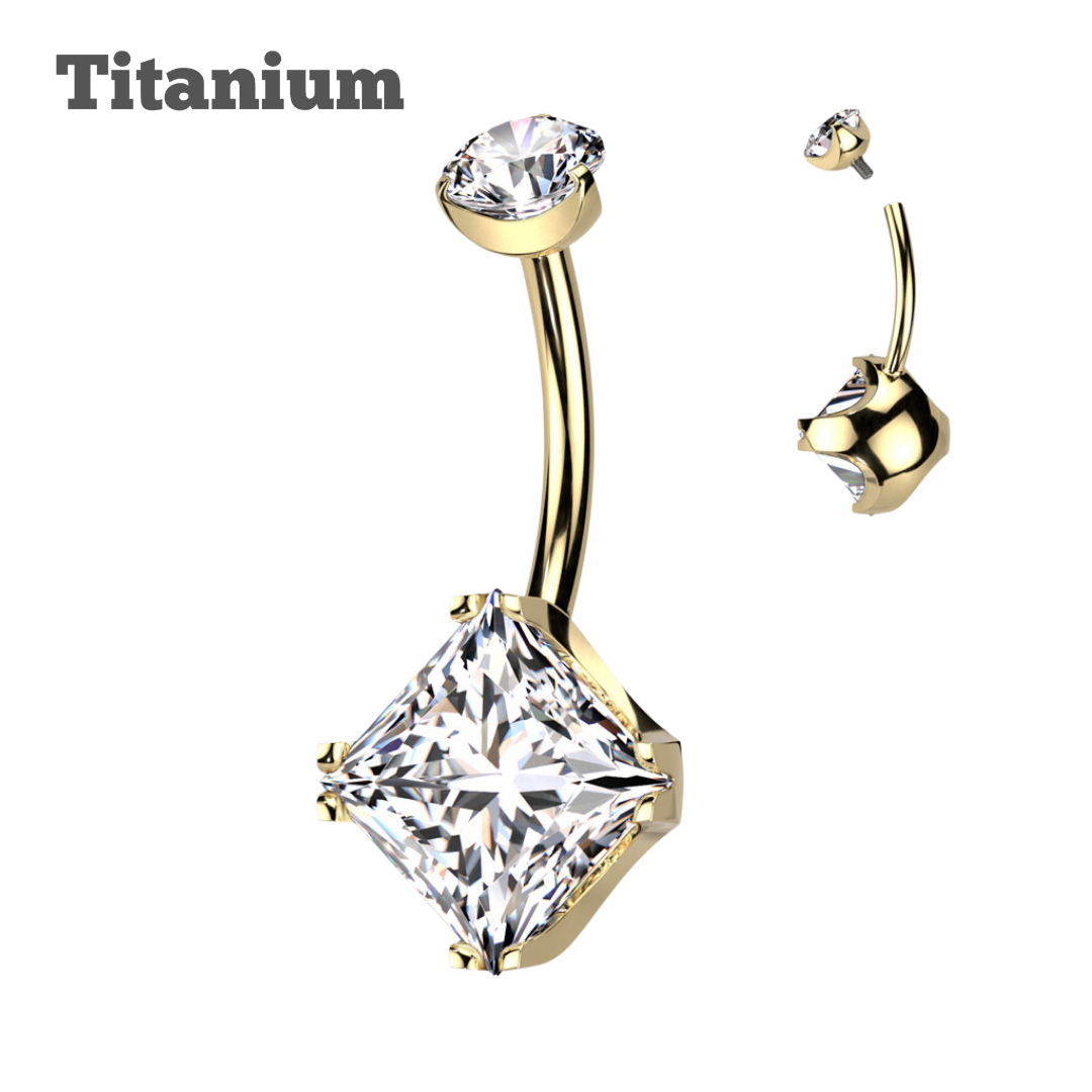 Titanium Pronged Square Gem Belly Barbell