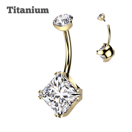 Titanium Pronged Square Gem Belly Barbell