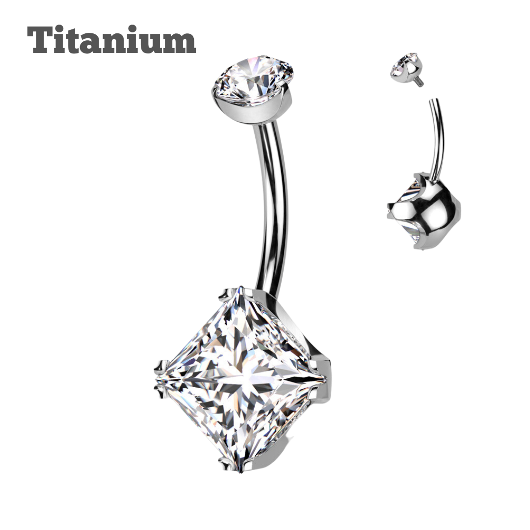Titanium Pronged Square Gem Belly Barbell